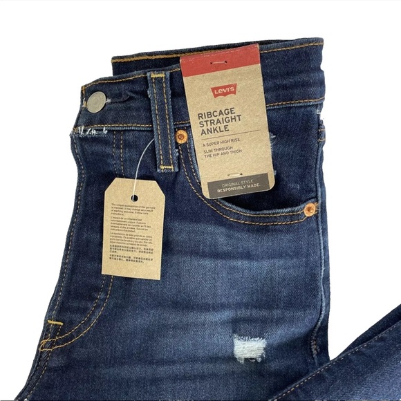 New Levi's Jeans Women’s Sz 25x27 Ribcage Straight Ankle Button Fly Distressed - Picture 2 of 10